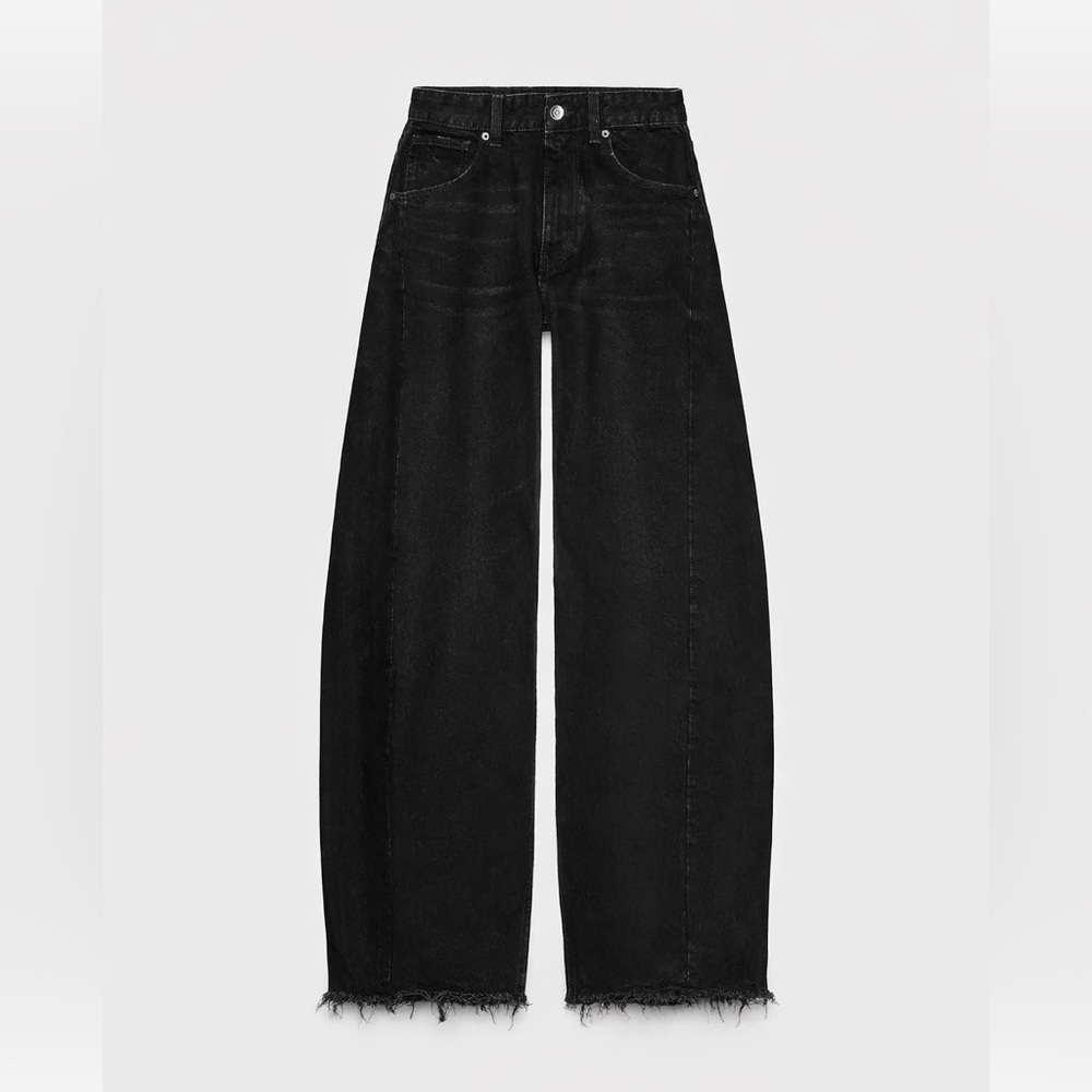 Zara High Rise Barrel Leg Jeans Black Wide Leg Frayed Hem Denim Size 0